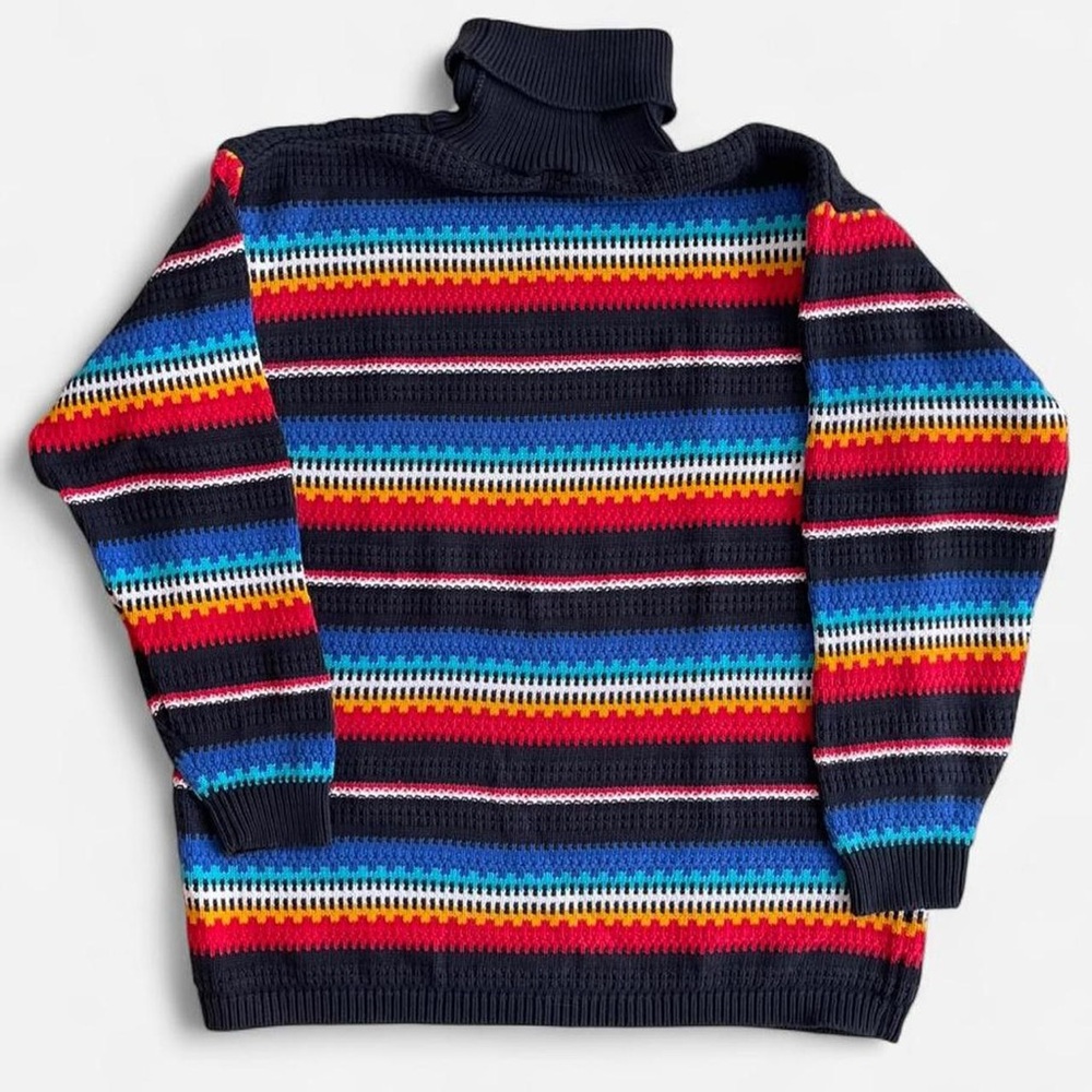 Vintage Lizsport Black & Rainbow Multicolored Striped Knit Turtleneck Sweater M - Picture 8 of 8